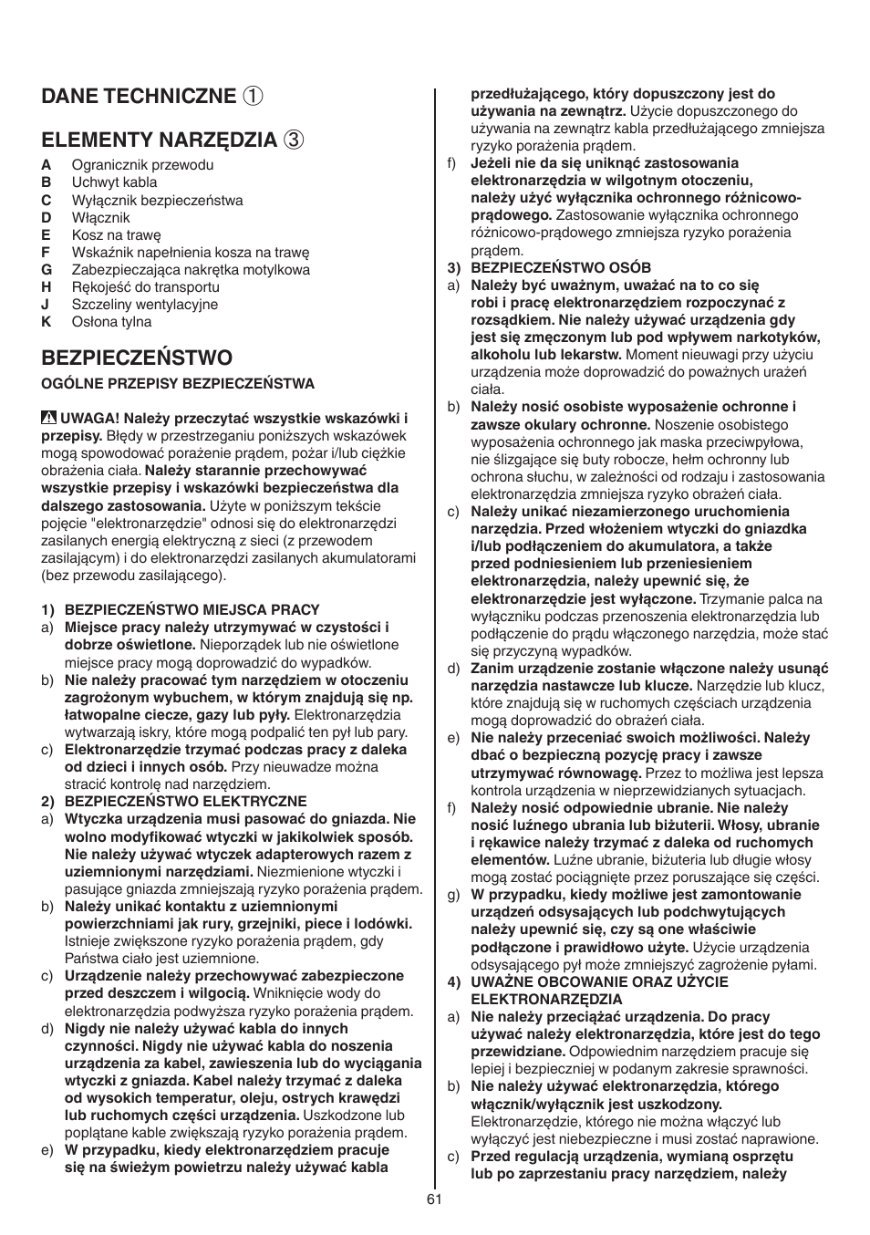 Dane techniczne ① elementy narzędzia, Bezpieczeństwo | Skil 0715 RT User Manual | Page 61 / 132