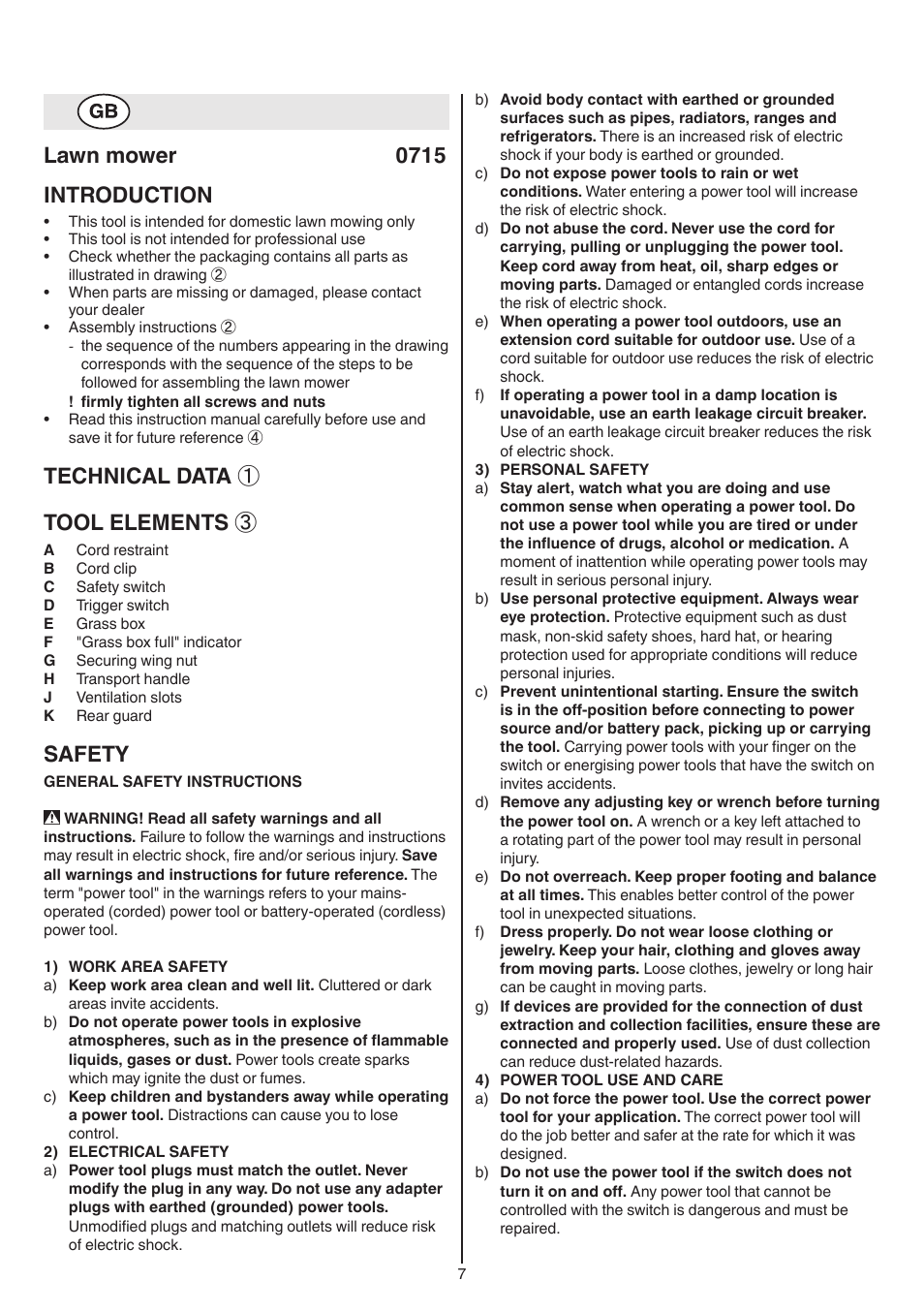 Lawn mower 0715 introduction, Technical data ① tool elements, Safety | Skil 0715 RT User Manual | Page 7 / 132