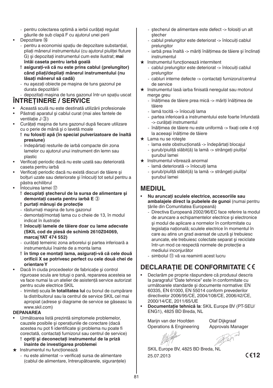 Întreţinere / service, Mediul, Declaraţie de conformitate | Skil 0715 RT User Manual | Page 81 / 132