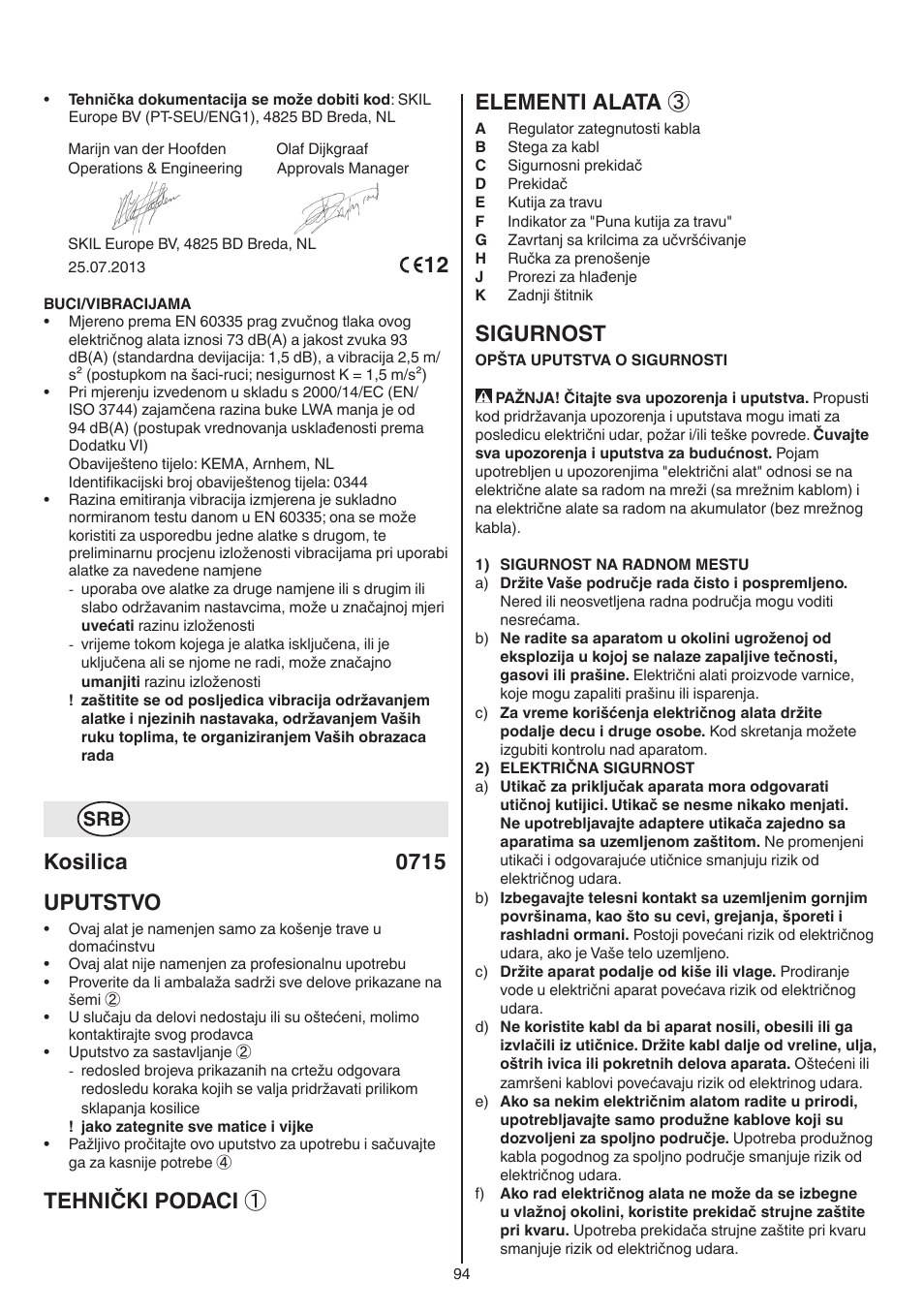 Kosilica 0715 uputstvo, Tehnički podaci ① elementi alata, Sigurnost | Skil 0715 RT User Manual | Page 94 / 132