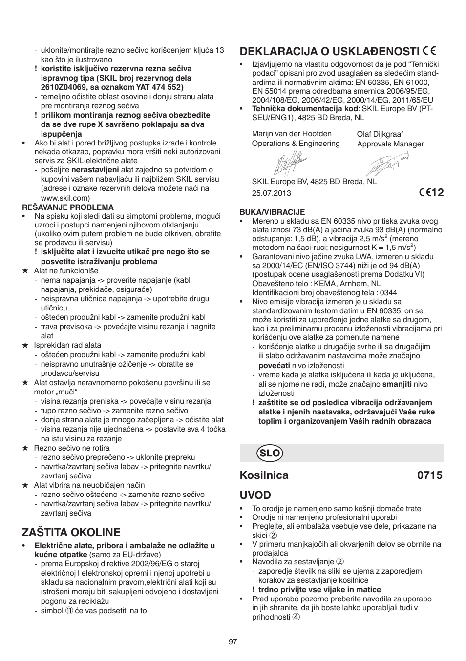 Zaštita okoline, Deklaracija o usklađenosti, Kosilnica 0715 uvod | Skil 0715 RT User Manual | Page 97 / 132