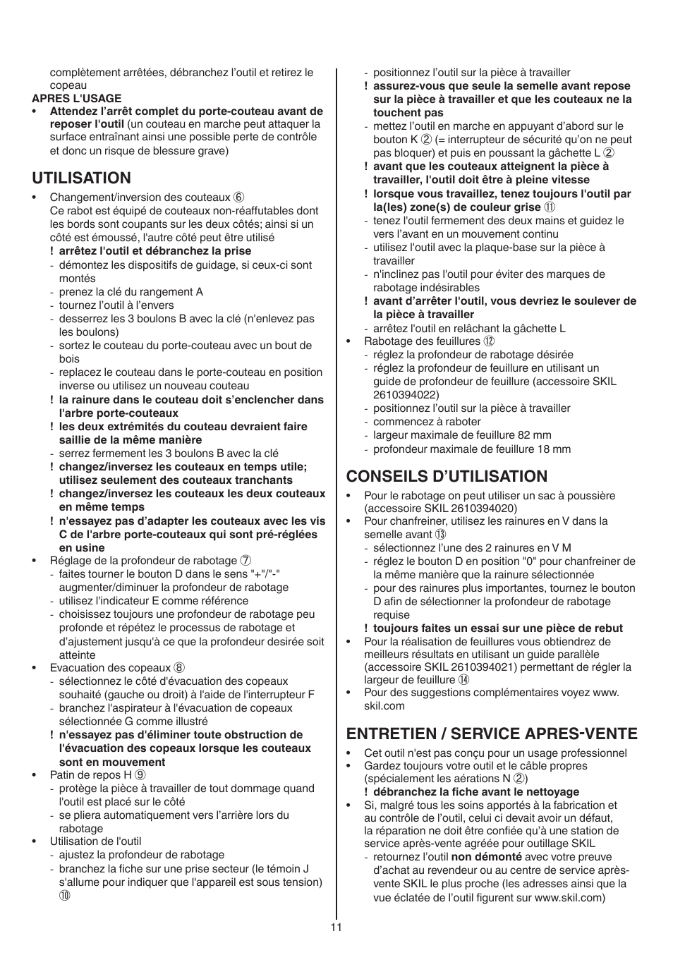 Utilisation, Conseils d’utilisation, Entretien / service apres-vente | Skil 1565 AA User Manual | Page 11 / 112