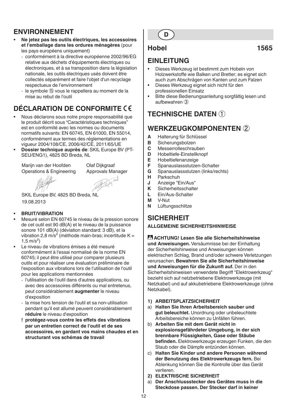 Environnement, Déclaration de conformite, Hobel 1565 einleitung | Technische daten ① werkzeugkomponenten, Sicherheit | Skil 1565 AA User Manual | Page 12 / 112