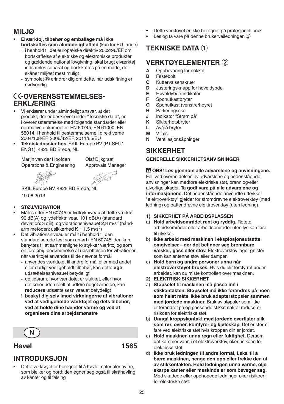 Miljø, Overensstemmelses- erklæring, Høvel 1565 introduksjon | Tekniske data ① verktøyelementer, Sikkerhet | Skil 1565 AA User Manual | Page 25 / 112