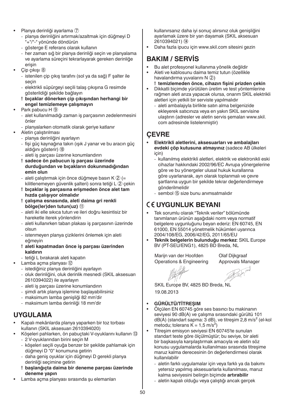 Uygulama, Bakim / servis, Çevre | Uygunluk beyani | Skil 1565 AA User Manual | Page 50 / 112
