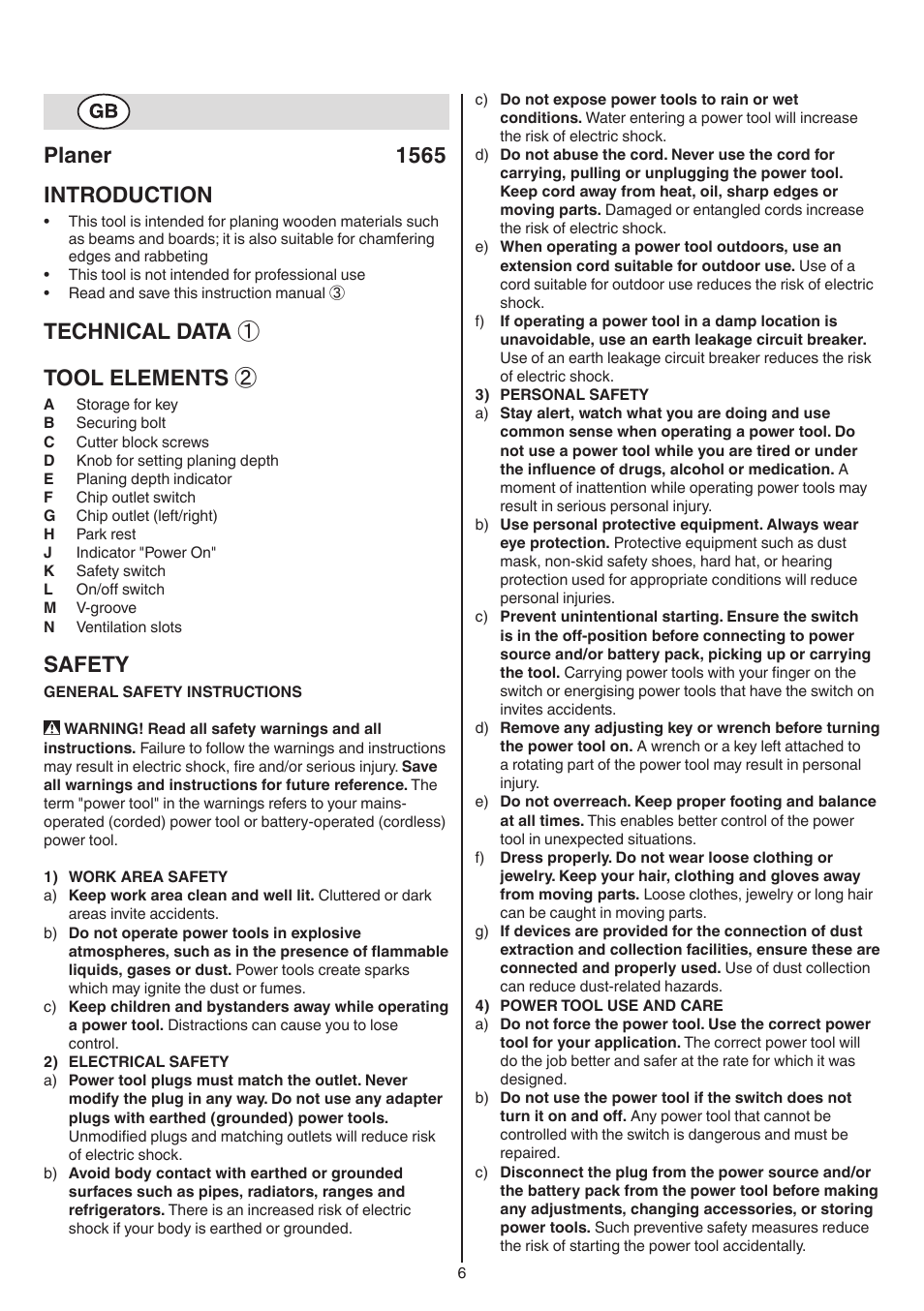 Planer 1565 introduction, Technical data ① tool elements, Safety | Skil 1565 AA User Manual | Page 6 / 112