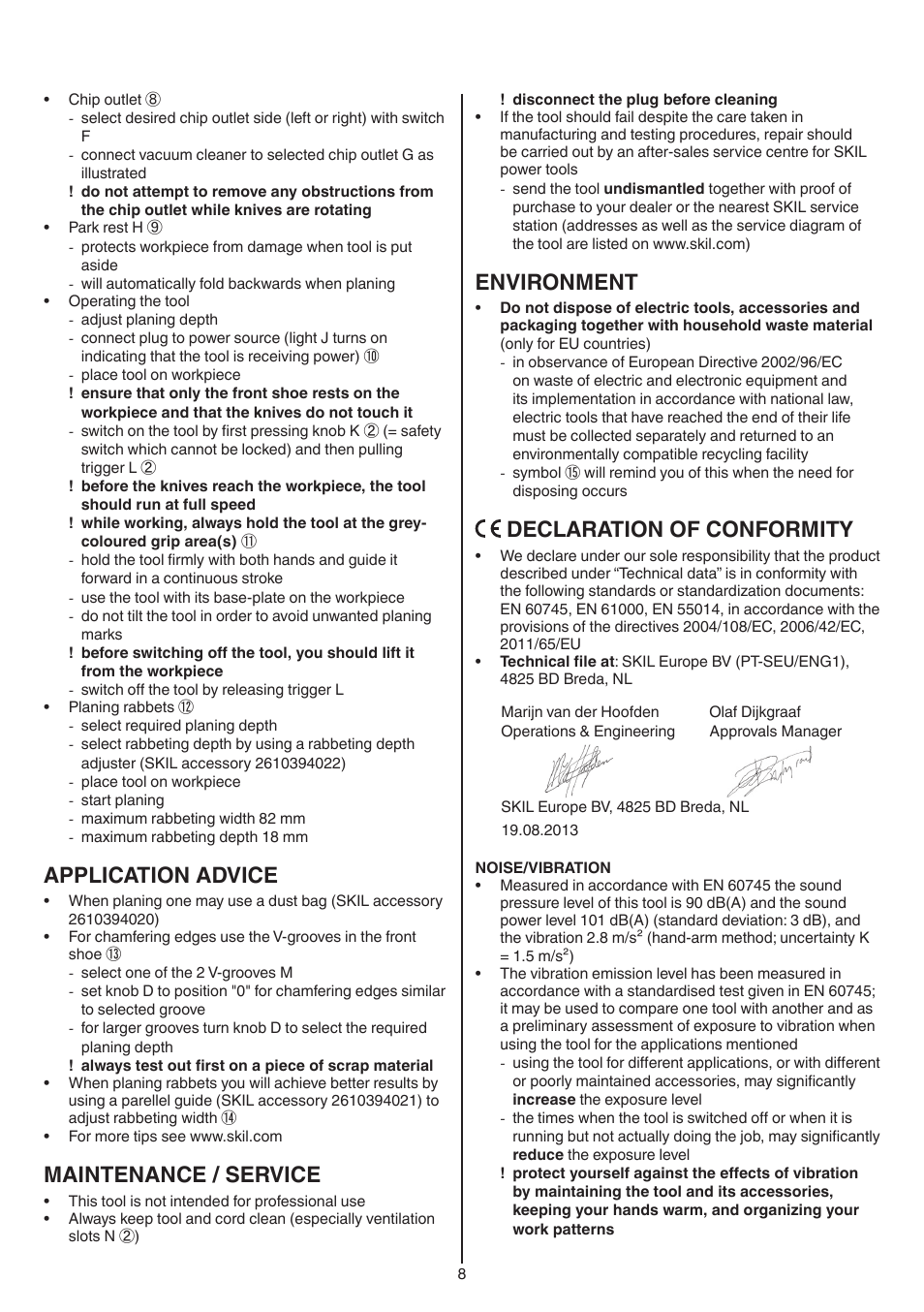 Application advice, Maintenance / service, Environment | Declaration of conformity | Skil 1565 AA User Manual | Page 8 / 112