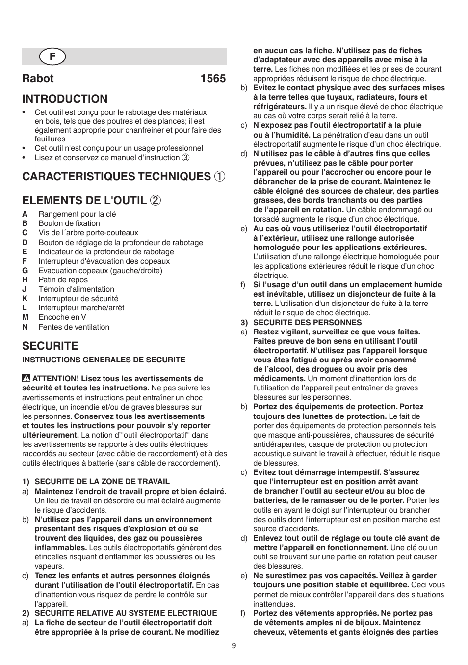 Rabot 1565 introduction, Caracteristiques techniques ① elements de l'outil, Securite | Skil 1565 AA User Manual | Page 9 / 112