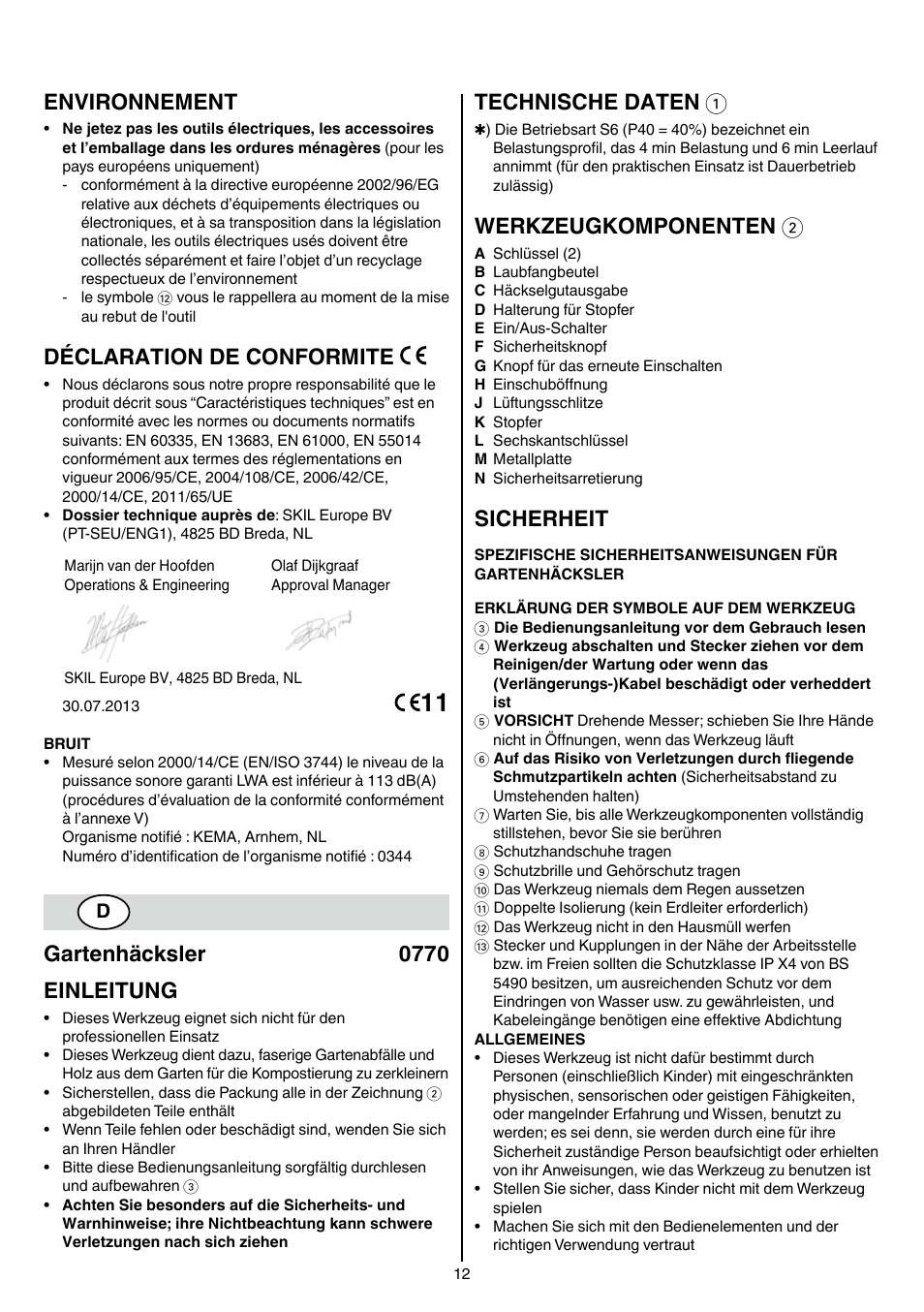 Environnement, Déclaration de conformite, Gartenhäcksler 0770 einleitung | Technische daten 1, Werkzeugkomponenten 2, Sicherheit | Skil 0770 RT User Manual | Page 12 / 96