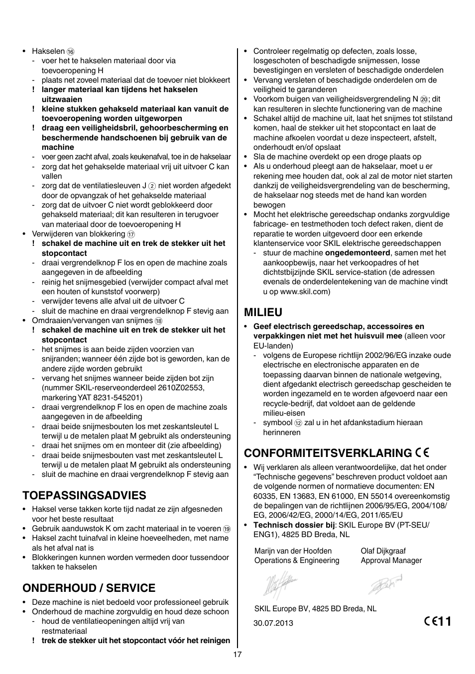 Toepassingsadvies, Onderhoud / service, Milieu | Conformiteitsverklaring | Skil 0770 RT User Manual | Page 17 / 96