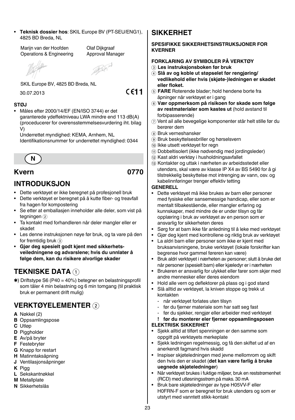 Kvern 0770 introduksjon, Tekniske data 1, Verktøyelementer 2 | Sikkerhet | Skil 0770 RT User Manual | Page 23 / 96