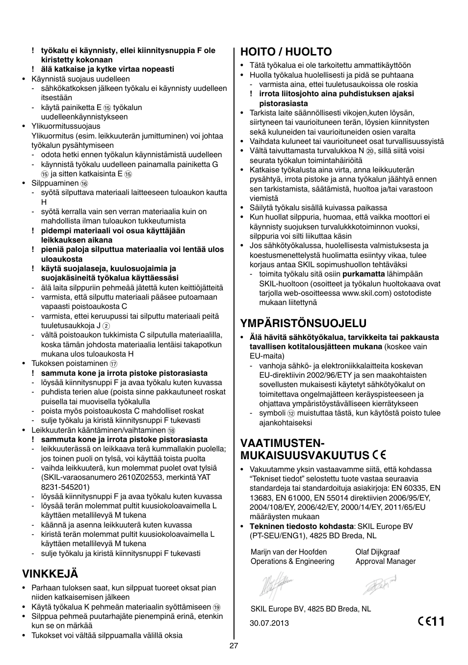 Vinkkejä, Hoito / huolto, Ympäristönsuojelu | Vaatimusten- mukaisuusvakuutus | Skil 0770 RT User Manual | Page 27 / 96