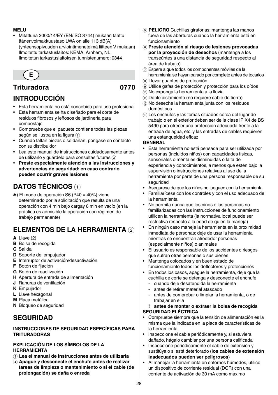 Trituradora 0770 introducción, Datos técnicos 1, Elementos de la herramienta 2 | Seguridad | Skil 0770 RT User Manual | Page 28 / 96