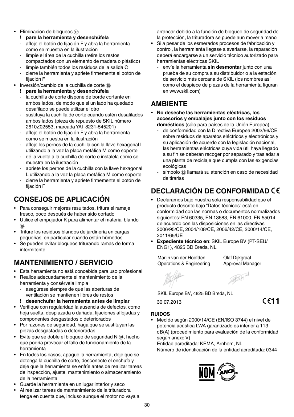 Consejos de aplicación, Mantenimiento / servicio, Ambiente | Declaración de conformidad | Skil 0770 RT User Manual | Page 30 / 96