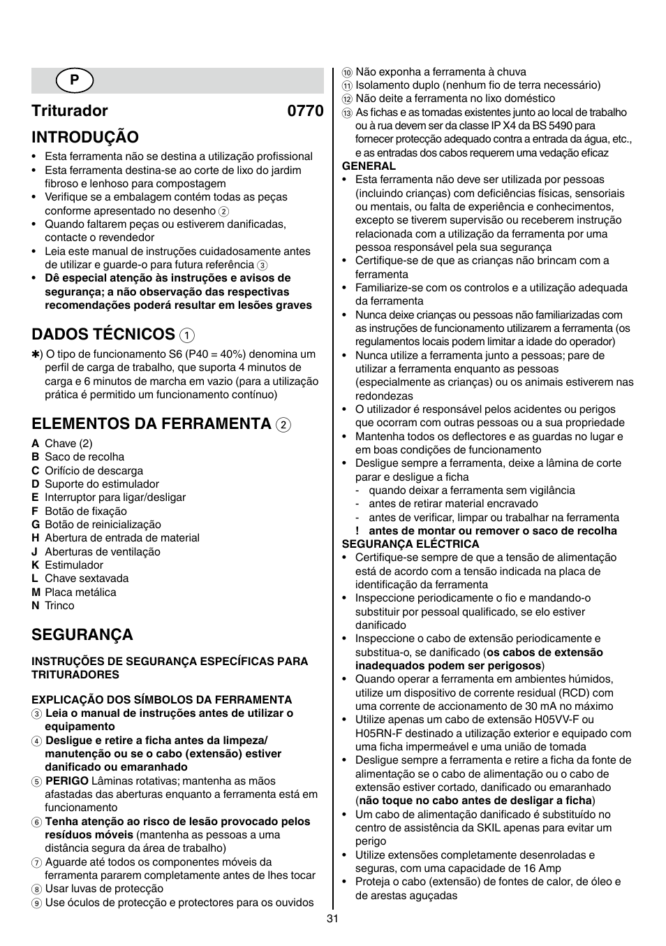 Triturador 0770 introdução, Dados técnicos 1, Elementos da ferramenta 2 | Segurança | Skil 0770 RT User Manual | Page 31 / 96