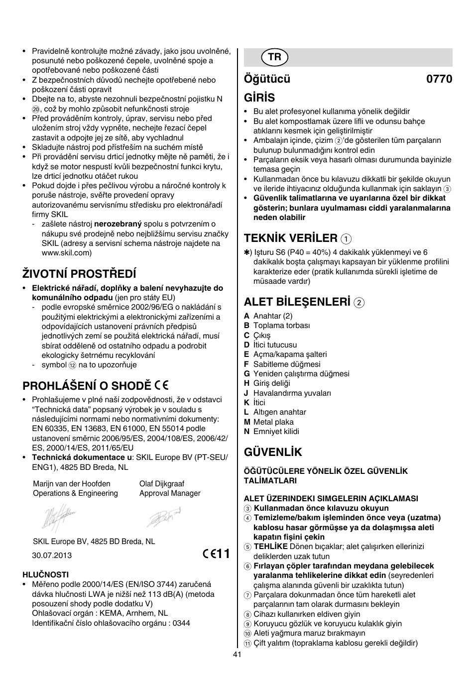 Životní prostředí, Prohlášení o shodě, Öğütücü 0770 giris | Teknik veriler 1, Alet bileşenleri 2, Güvenlik | Skil 0770 RT User Manual | Page 41 / 96