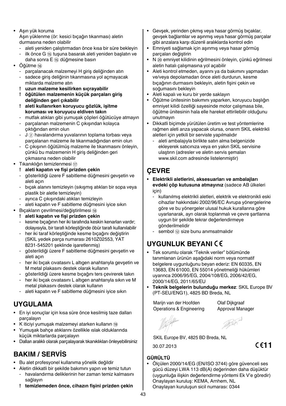 Uygulama, Bakim / servis, Çevre | Uygunluk beyani | Skil 0770 RT User Manual | Page 43 / 96