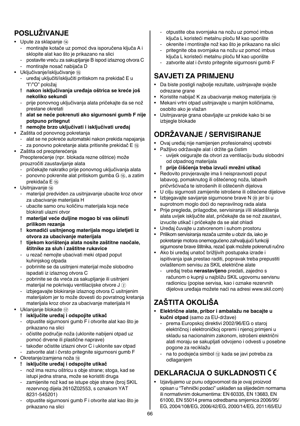Posluživanje, Savjeti za primjenu, Održavanje / servisiranje | Zaštita okoliša, Deklaracija o sukladnosti | Skil 0770 RT User Manual | Page 66 / 96