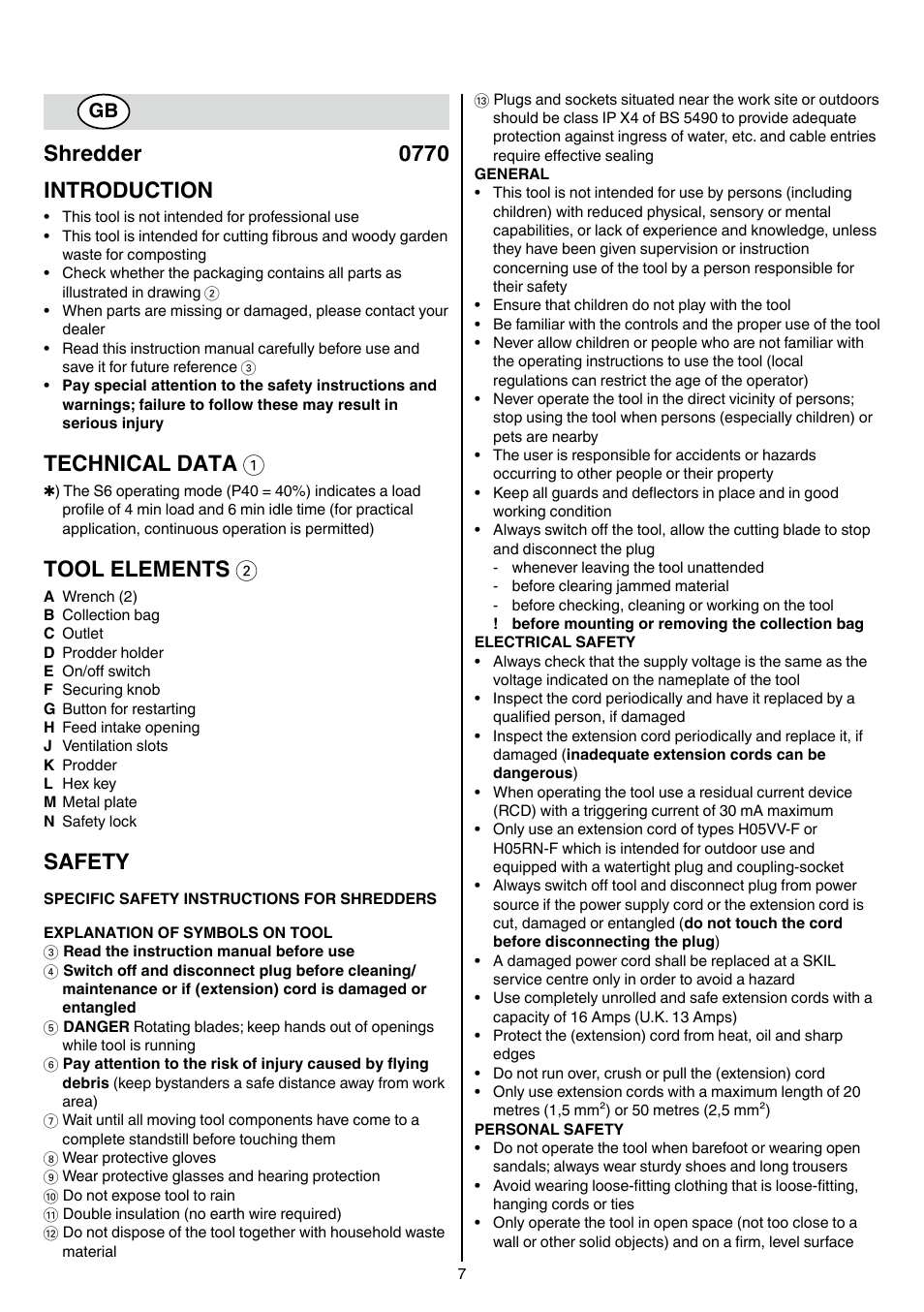 Shredder 0770 introduction, Technical data 1, Tool elements 2 | Safety | Skil 0770 RT User Manual | Page 7 / 96