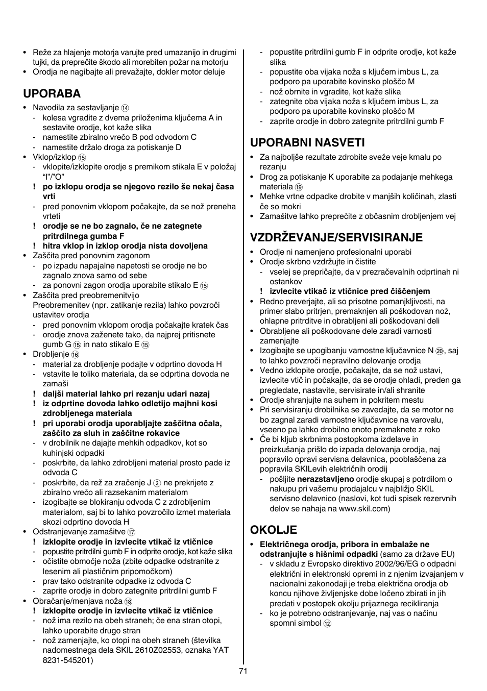 Uporaba, Uporabni nasveti, Vzdrževanje/servisiranje | Okolje | Skil 0770 RT User Manual | Page 71 / 96