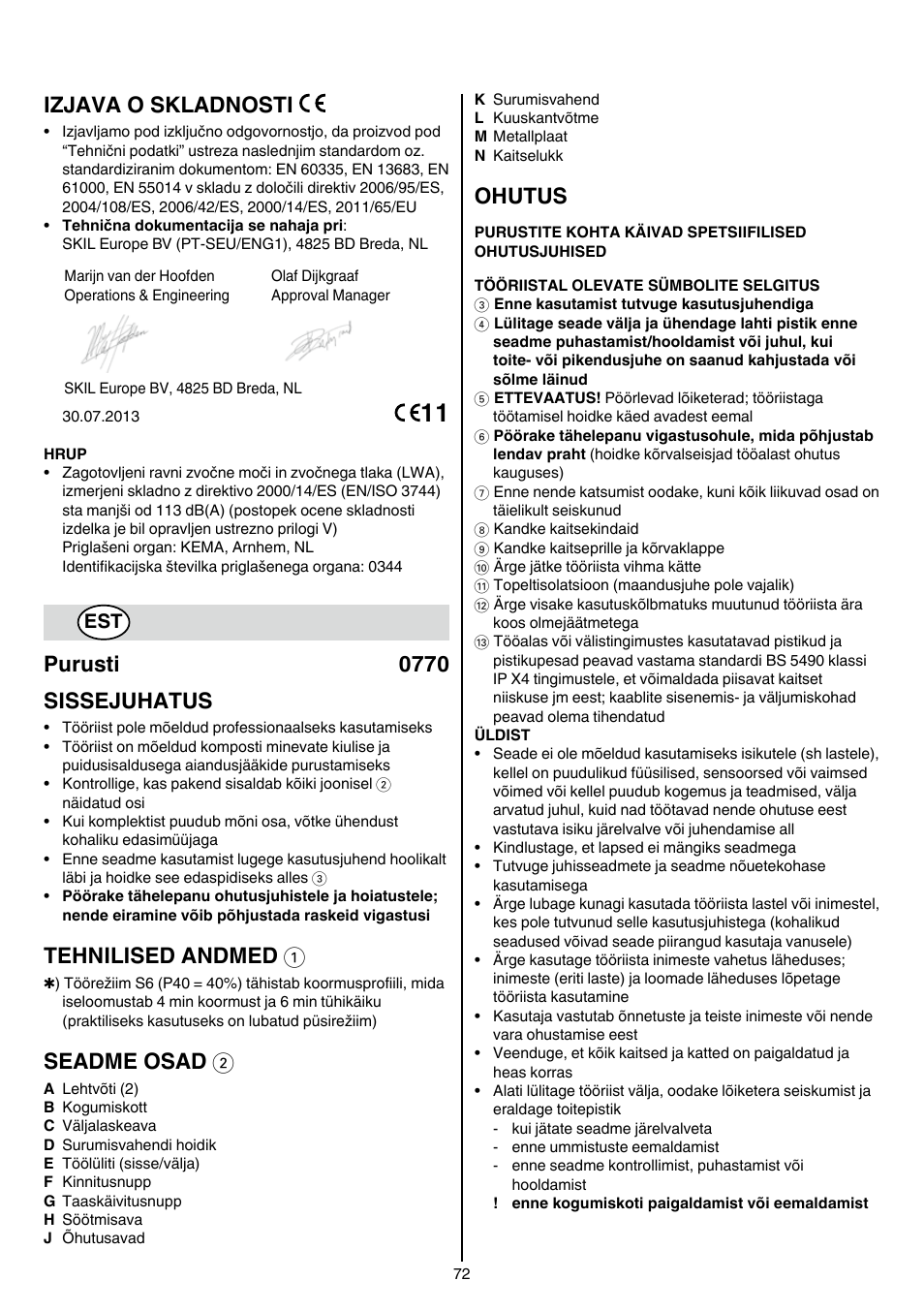 Izjava o skladnosti, Purusti 0770 sissejuhatus, Tehnilised andmed 1 | Seadme osad 2, Ohutus | Skil 0770 RT User Manual | Page 72 / 96