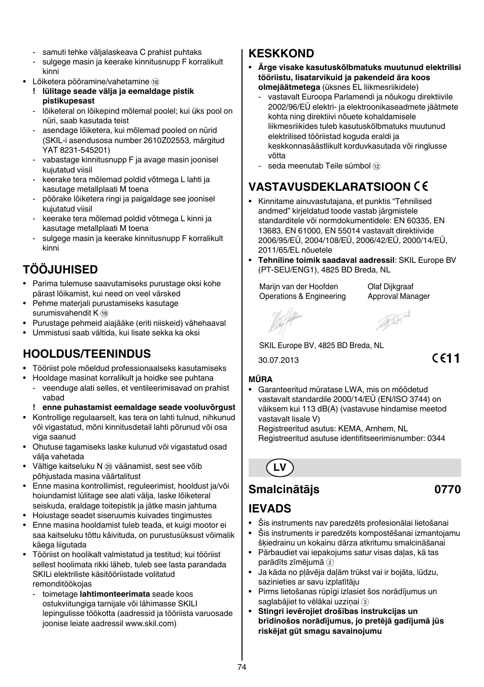 Tööjuhised, Hooldus/teenindus, Keskkond | Vastavusdeklaratsioon, Smalcinātājs 0770 ievads | Skil 0770 RT User Manual | Page 74 / 96