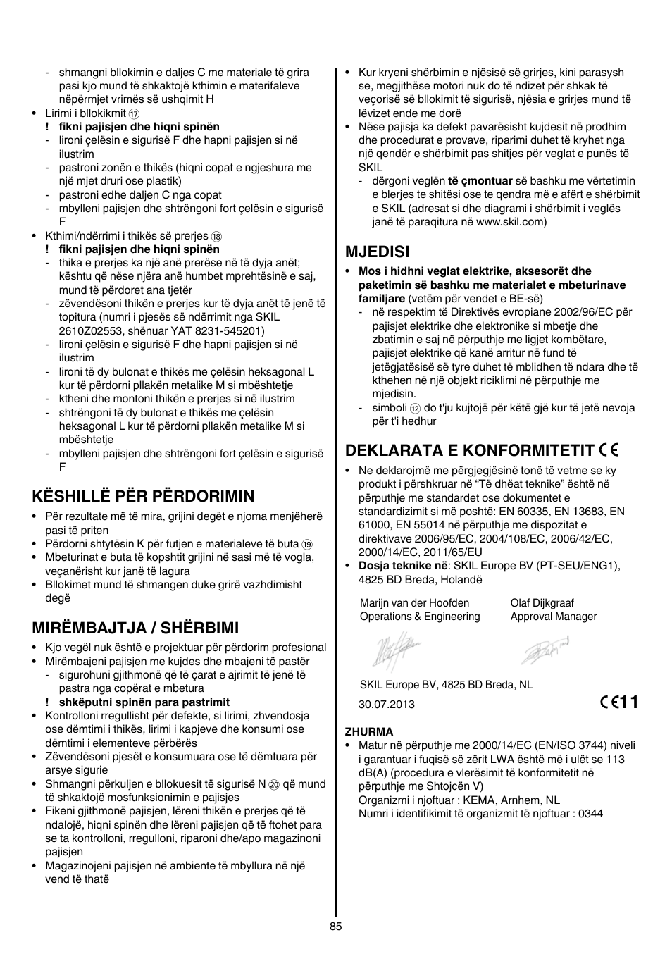 Këshillë për përdorimin, Mirëmbajtja / shërbimi, Mjedisi | Deklarata e konformitetit | Skil 0770 RT User Manual | Page 85 / 96
