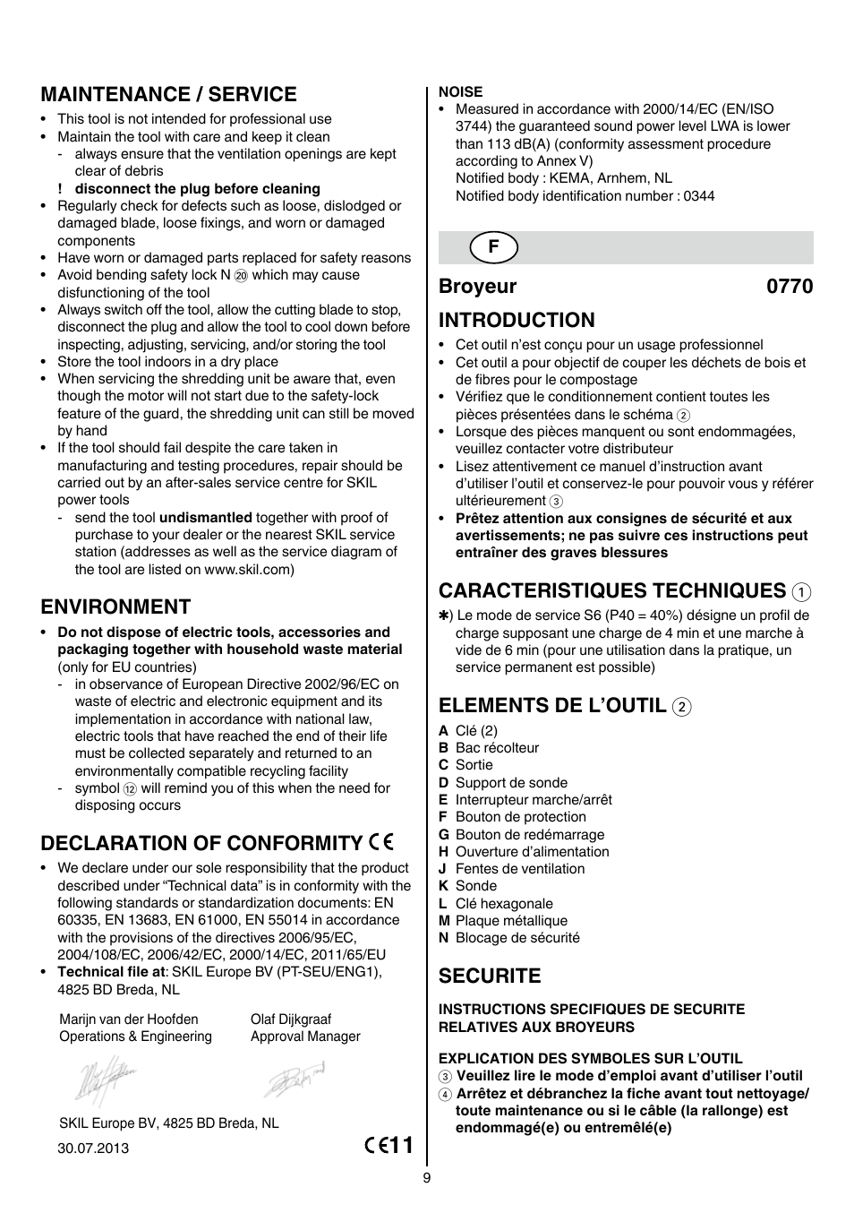 Maintenance / service, Environment, Declaration of conformity | Broyeur 0770 introduction, Caracteristiques techniques 1, Elements de l’outil 2, Securite | Skil 0770 RT User Manual | Page 9 / 96