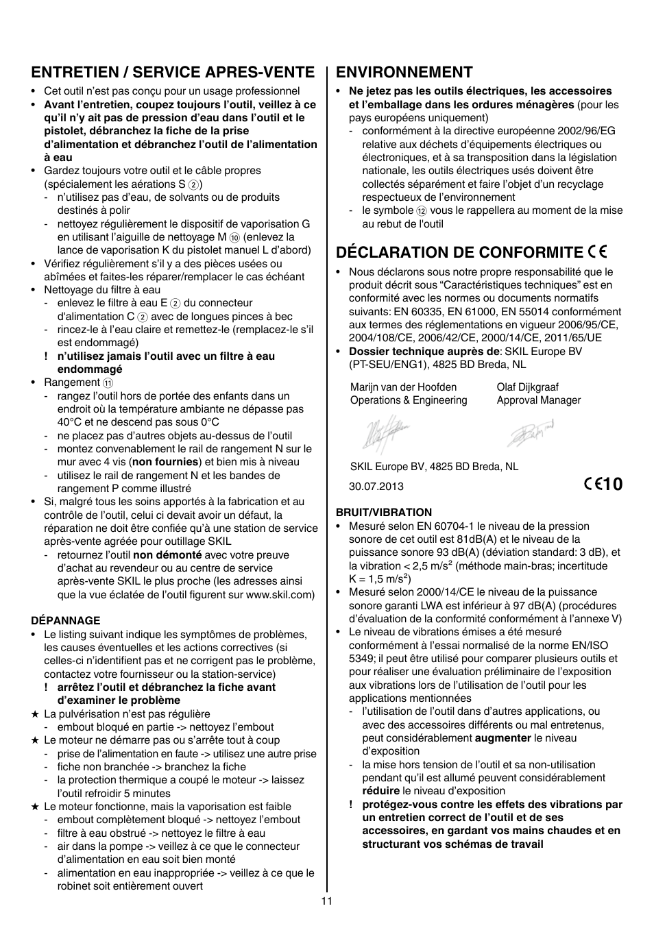 Entretien / service apres-vente, Environnement, Déclaration de conformite | Skil 0760 RA User Manual | Page 11 / 104