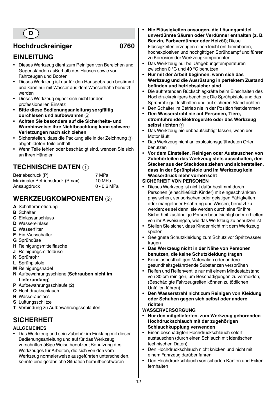 Hochdruckreiniger 0760 einleitung, Technische daten 1, Werkzeugkomponenten 2 | Sicherheit | Skil 0760 RA User Manual | Page 12 / 104