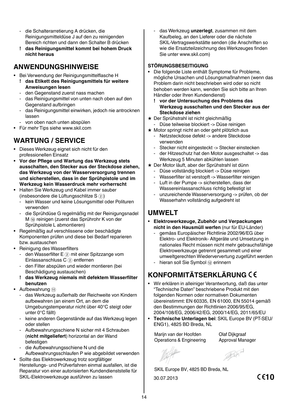 Anwendungshinweise, Wartung / service, Umwelt | Konformitätserklärung | Skil 0760 RA User Manual | Page 14 / 104