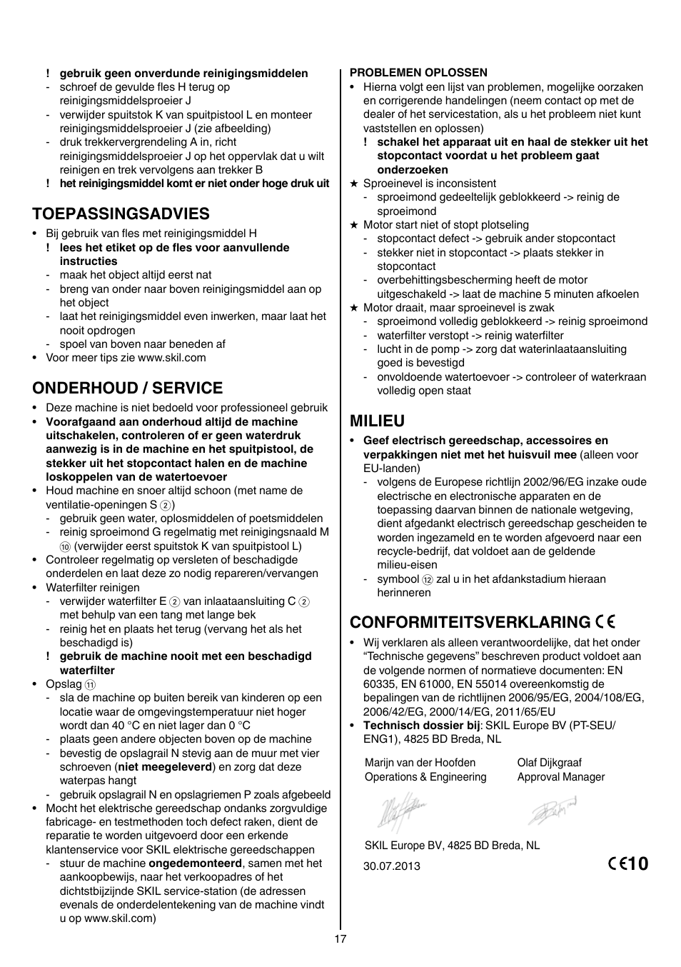 Toepassingsadvies, Onderhoud / service, Milieu | Conformiteitsverklaring | Skil 0760 RA User Manual | Page 17 / 104