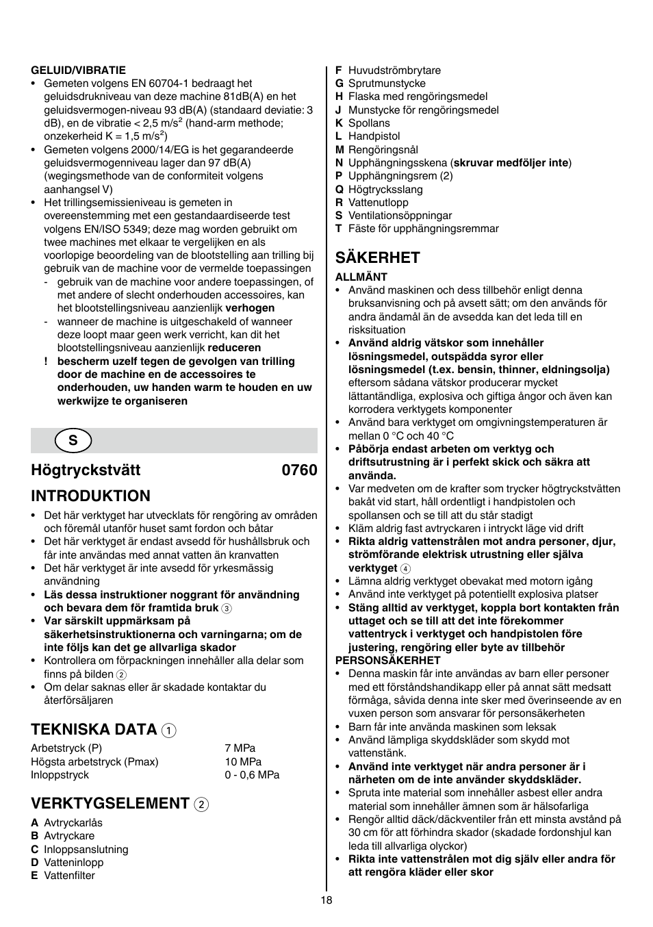 Högtryckstvätt 0760 introduktion, Tekniska data 1, Verktygselement 2 | Säkerhet | Skil 0760 RA User Manual | Page 18 / 104