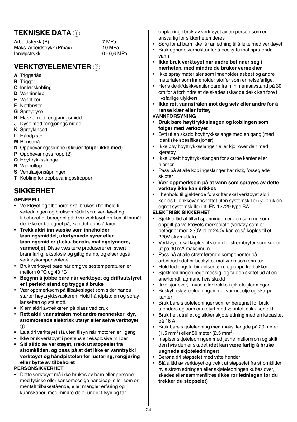 Tekniske data 1, Verktøyelementer 2, Sikkerhet | Skil 0760 RA User Manual | Page 24 / 104