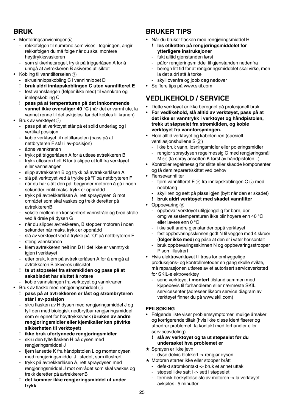 Bruk, Bruker tips, Vedlikehold / service | Skil 0760 RA User Manual | Page 25 / 104