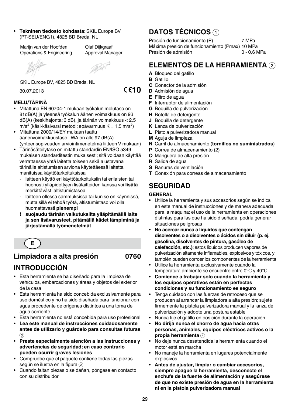 Limpiadora a alta presión 0760 introducción, Datos técnicos 1, Elementos de la herramienta 2 | Seguridad | Skil 0760 RA User Manual | Page 29 / 104