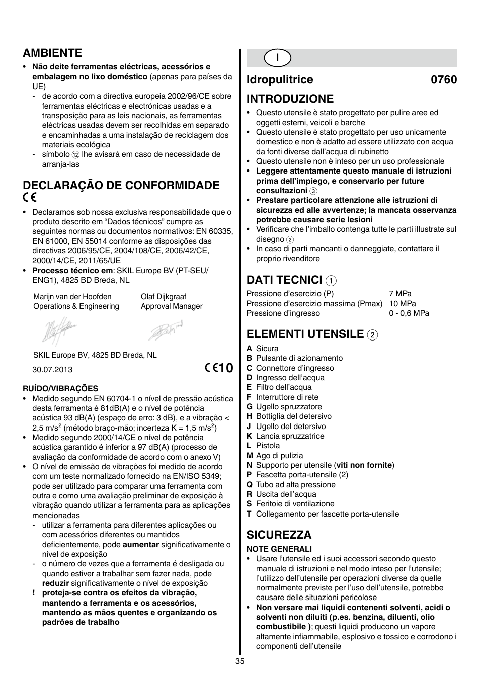 Ambiente, Declaração de conformidade, Idropulitrice 0760 introduzione | Dati tecnici 1, Elementi utensile 2, Sicurezza | Skil 0760 RA User Manual | Page 35 / 104