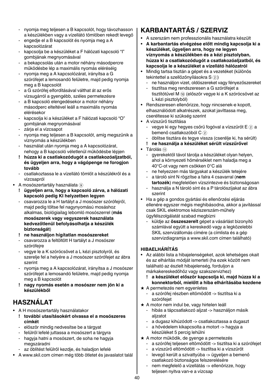 Használat, Karbantartás / szerviz | Skil 0760 RA User Manual | Page 40 / 104