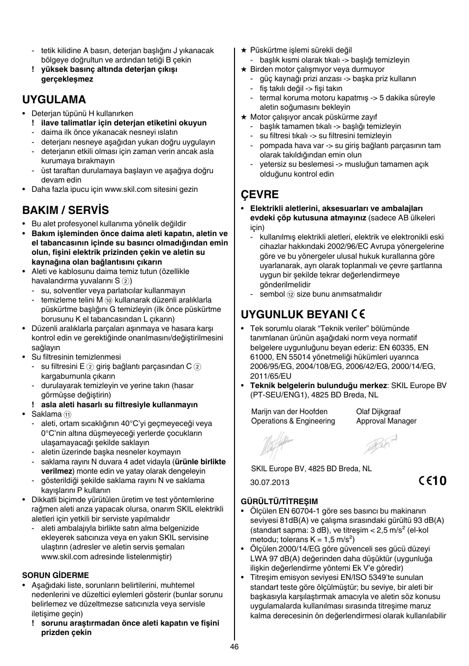 Uygulama, Bakim / servis, Çevre | Uygunluk beyani | Skil 0760 RA User Manual | Page 46 / 104