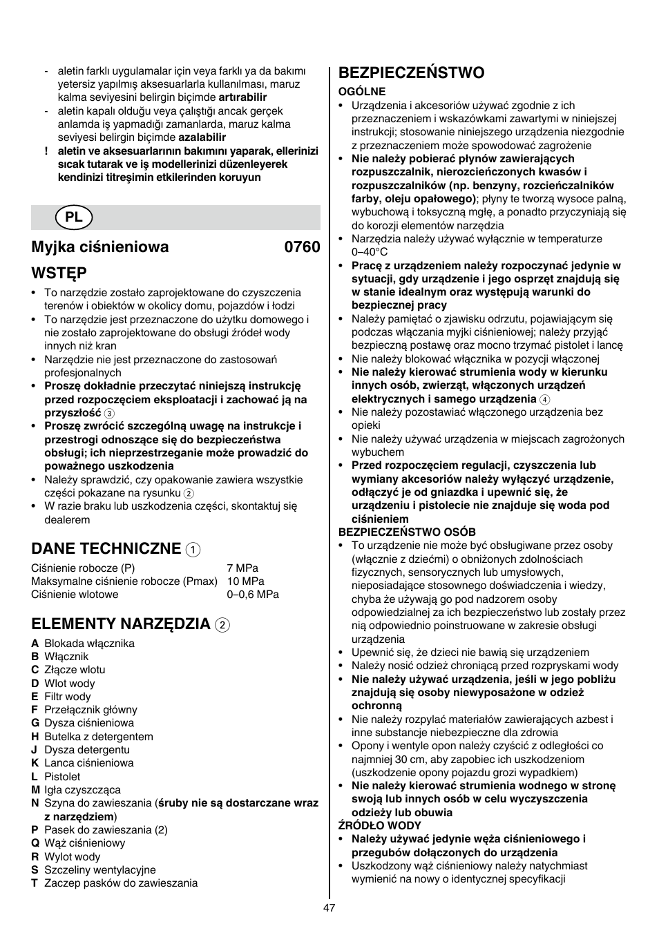 Myjka ciśnieniowa 0760 wstęp, Dane techniczne 1, Elementy narzędzia 2 | Bezpieczeństwo | Skil 0760 RA User Manual | Page 47 / 104