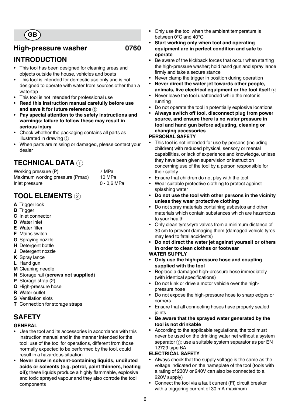 High-pressure washer 0760 introduction, Technical data 1, Tool elements 2 | Safety | Skil 0760 RA User Manual | Page 6 / 104