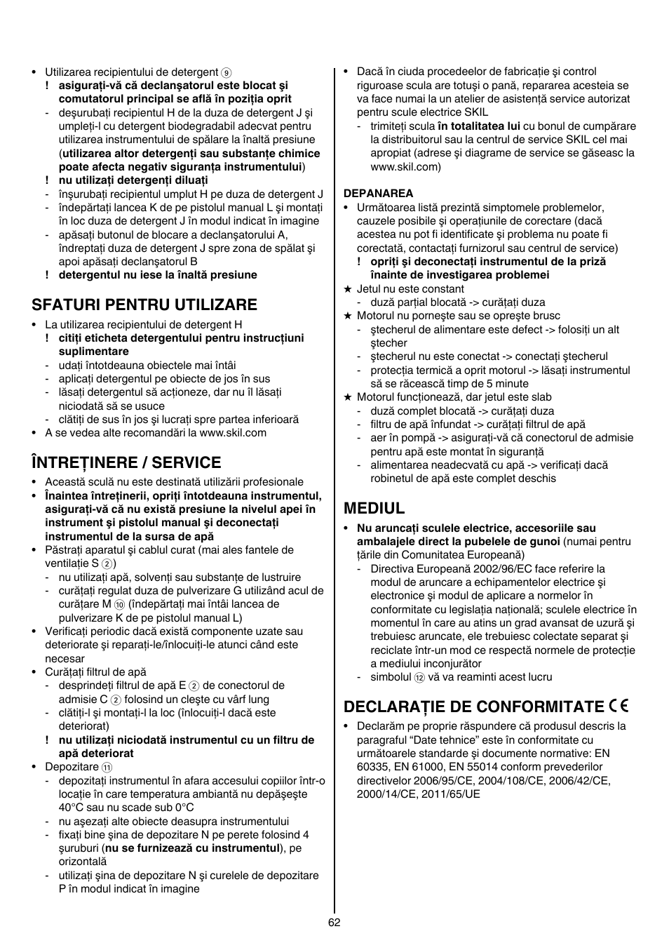 Sfaturi pentru utilizare, Întreţinere / service, Mediul | Declaraţie de conformitate | Skil 0760 RA User Manual | Page 62 / 104