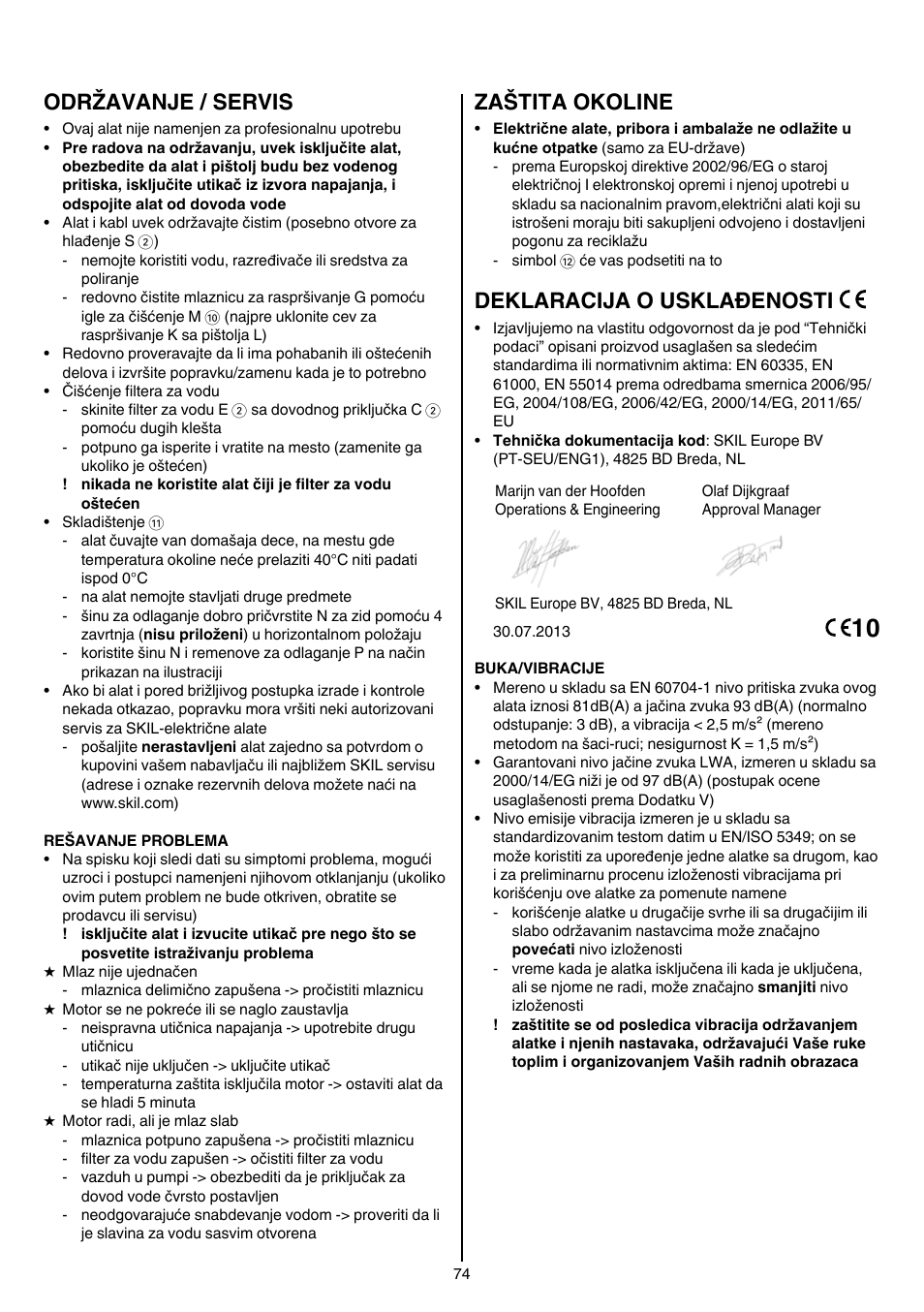 Održavanje / servis, Zaštita okoline, Deklaracija o usklađenosti | Skil 0760 RA User Manual | Page 74 / 104