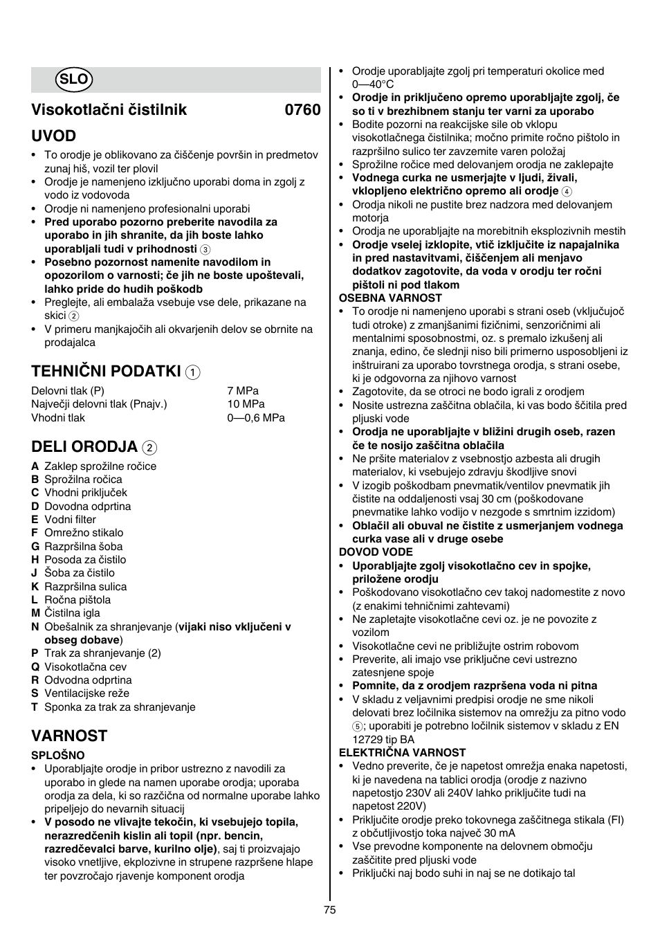 Visokotlačni čistilnik 0760 uvod, Tehnični podatki 1, Deli orodja 2 | Varnost | Skil 0760 RA User Manual | Page 75 / 104