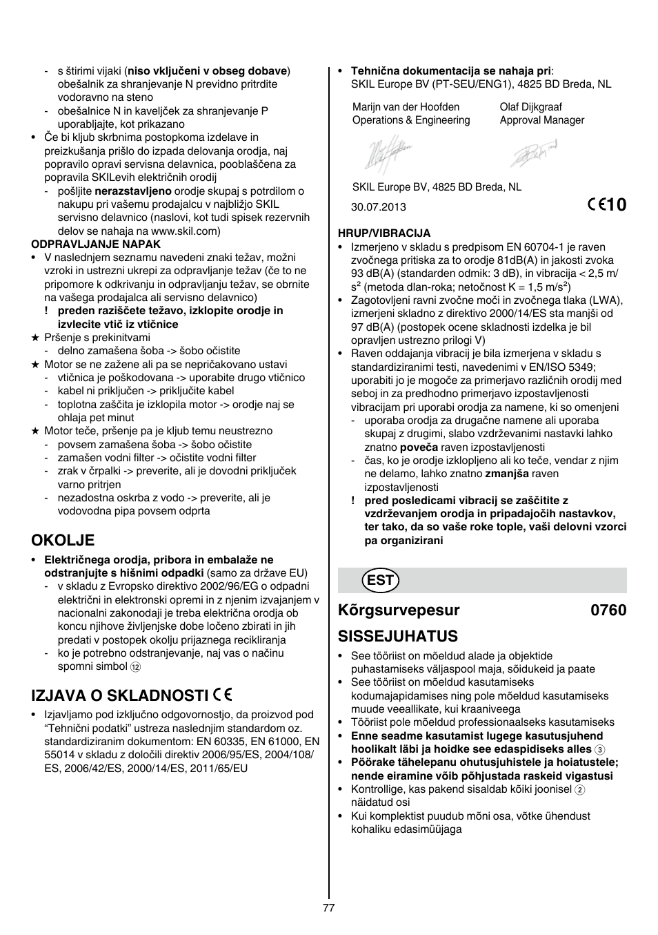 Okolje, Izjava o skladnosti, Kõrgsurvepesur 0760 sissejuhatus | Skil 0760 RA User Manual | Page 77 / 104