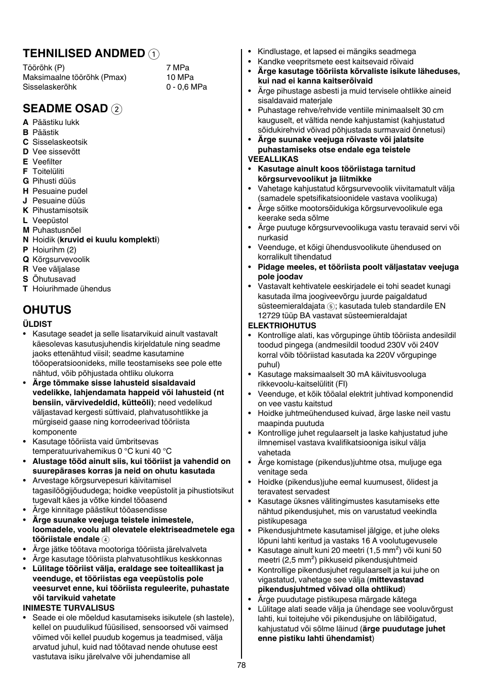 Tehnilised andmed 1, Seadme osad 2, Ohutus | Skil 0760 RA User Manual | Page 78 / 104