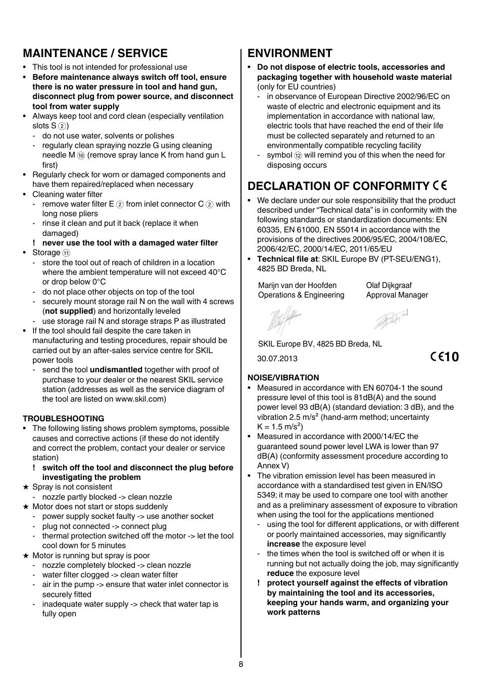 Maintenance / service, Environment, Declaration of conformity | Skil 0760 RA User Manual | Page 8 / 104