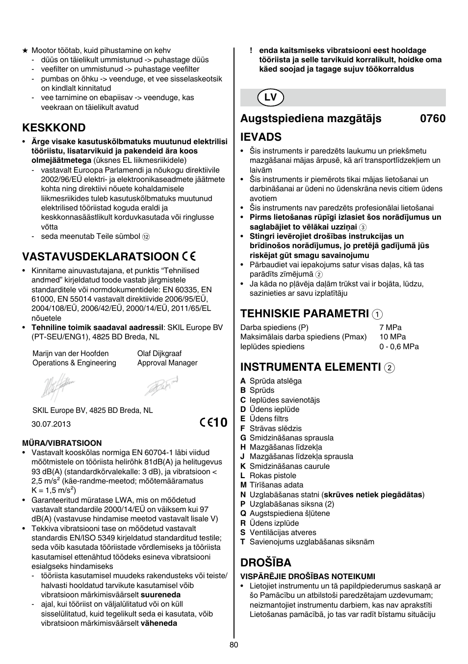 Keskkond, Vastavusdeklaratsioon, Augstspiediena mazgātājs 0760 ievads | Tehniskie parametri 1, Instrumenta elementi 2, Drošība | Skil 0760 RA User Manual | Page 80 / 104