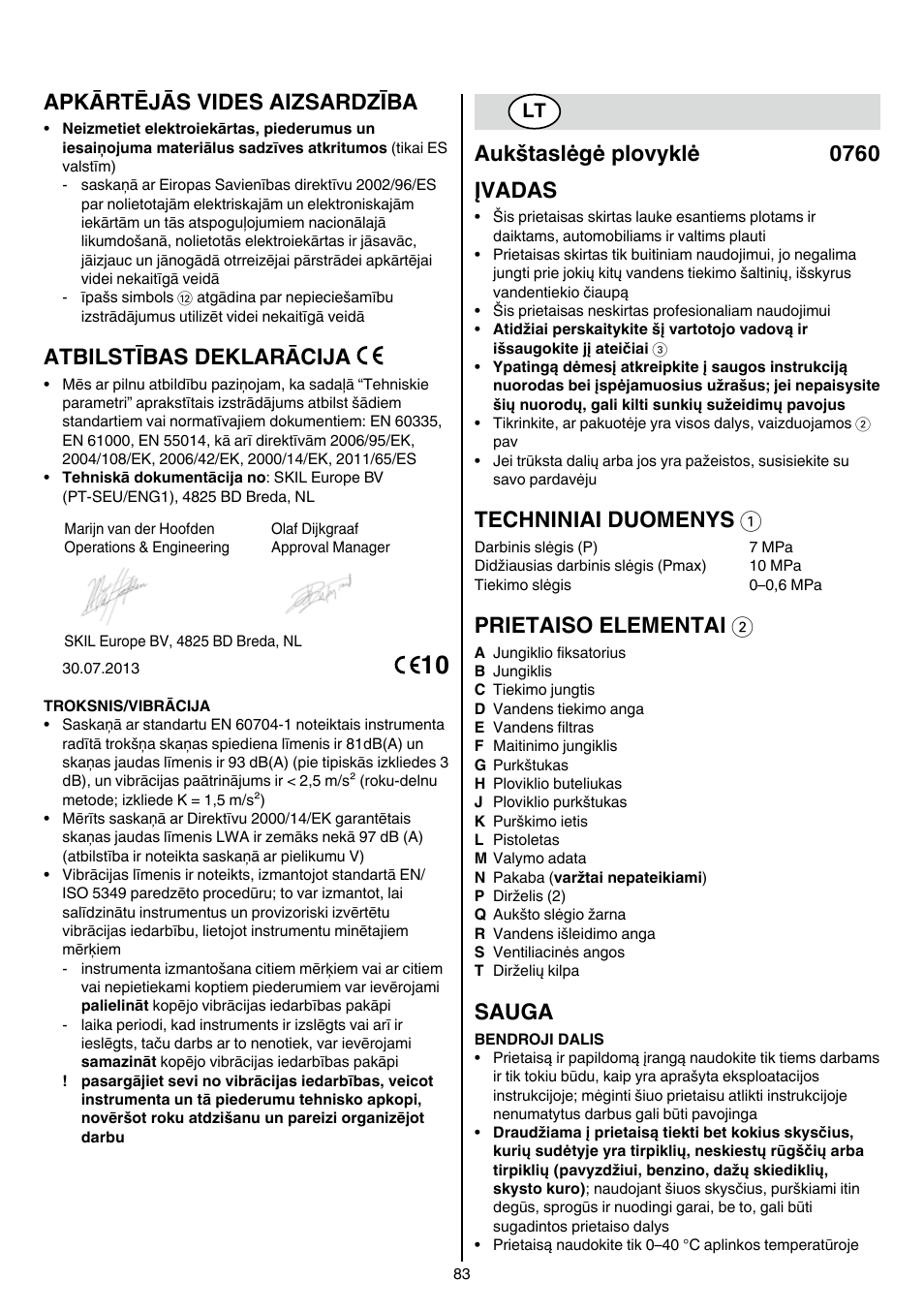 Apkārtējās vides aizsardzība, Atbilstības deklarācija, Aukštaslėgė plovyklė 0760 įvadas | Techniniai duomenys 1, Prietaiso elementai 2, Sauga | Skil 0760 RA User Manual | Page 83 / 104