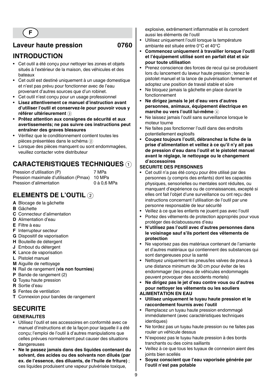 Laveur haute pression 0760 introduction, Caracteristiques techniques 1, Elements de l’outil 2 | Securite | Skil 0760 RA User Manual | Page 9 / 104